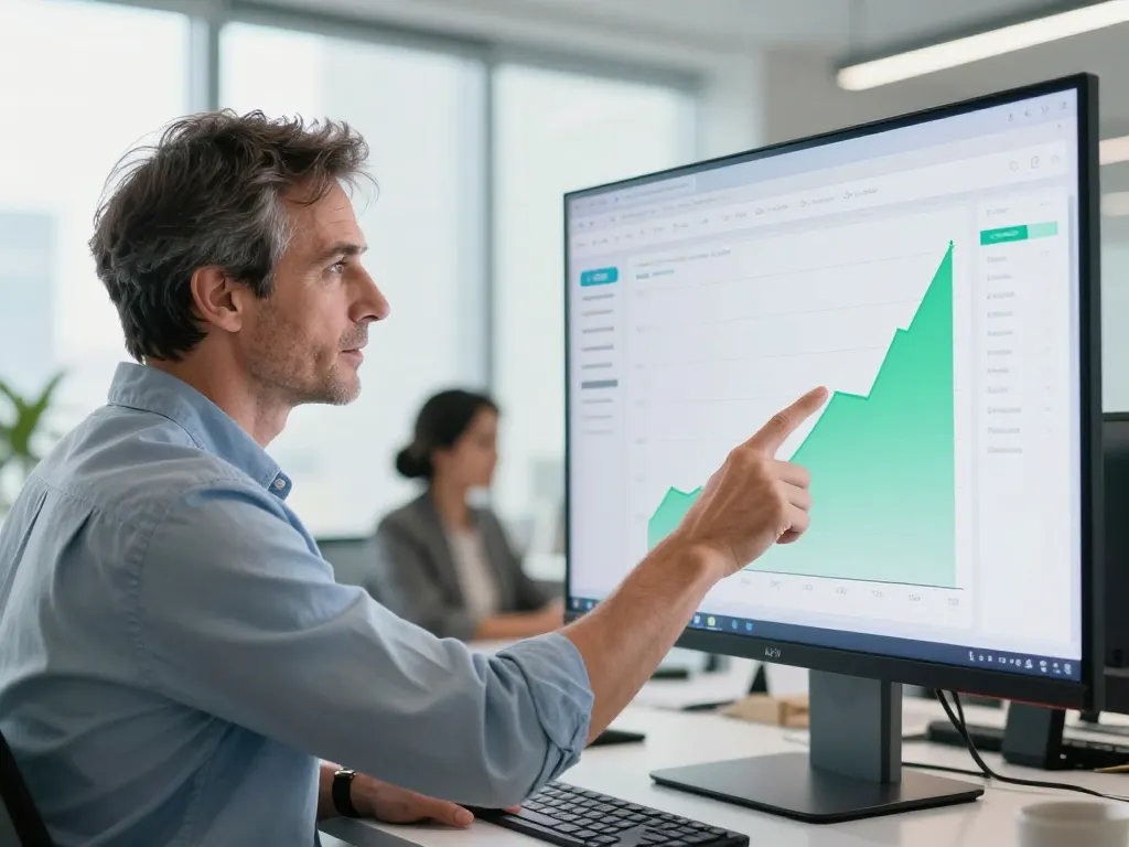 Expert en marketing digital analysant un tableau de bord de suivi SEO montrant une progression constante du trafic organique pour optimiser les revenus d'une entreprise.
