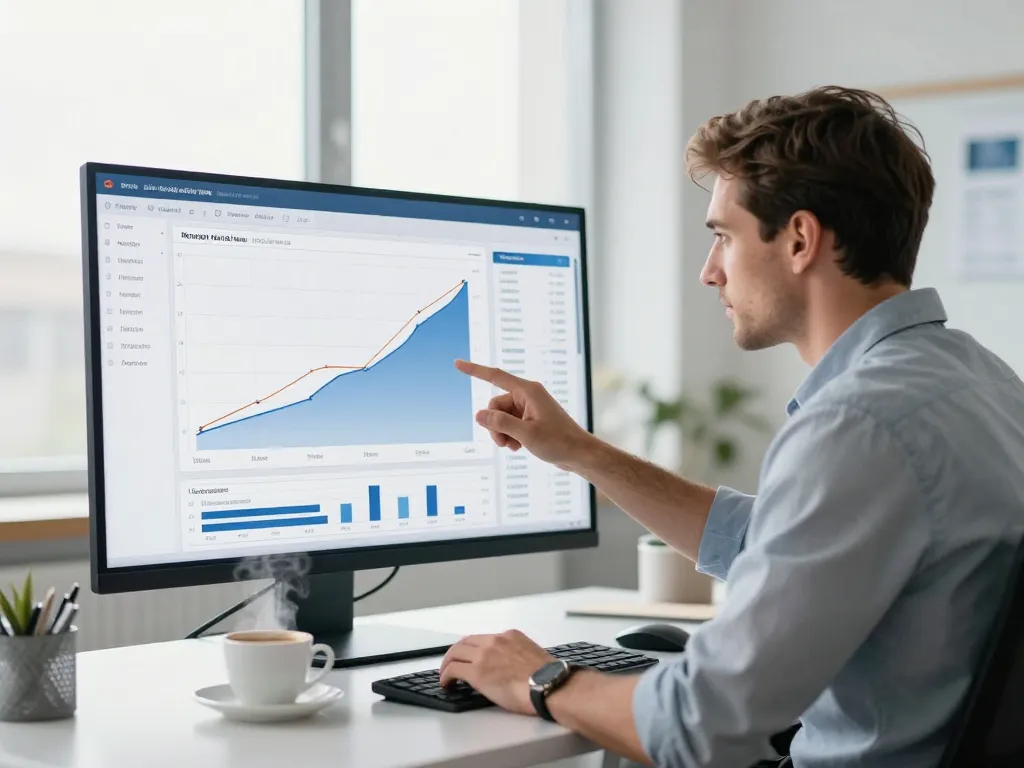 Un entrepreneur analyse les indicateurs de performance web et la croissance des ventes sur un tableau de bord digital dans un bureau moderne à Amiens.