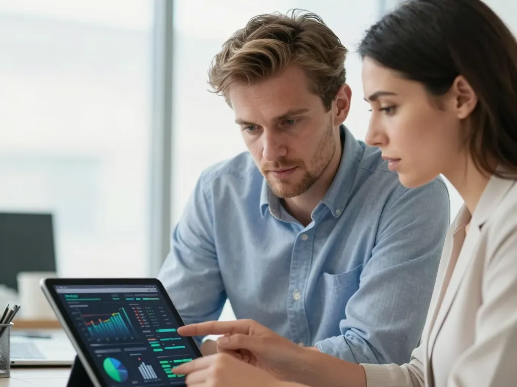 Deux professionnels en pleine réunion stratégique analysant une cartographie sémantique et des mots-clés sur une tablette numérique.