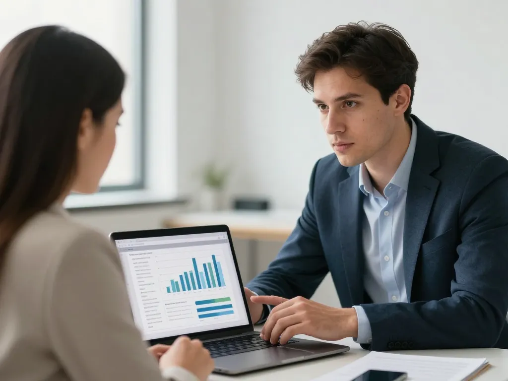 Consultant en stratégie digitale présentant un audit technique et une analyse de site web à une cliente dans un bureau professionnel.