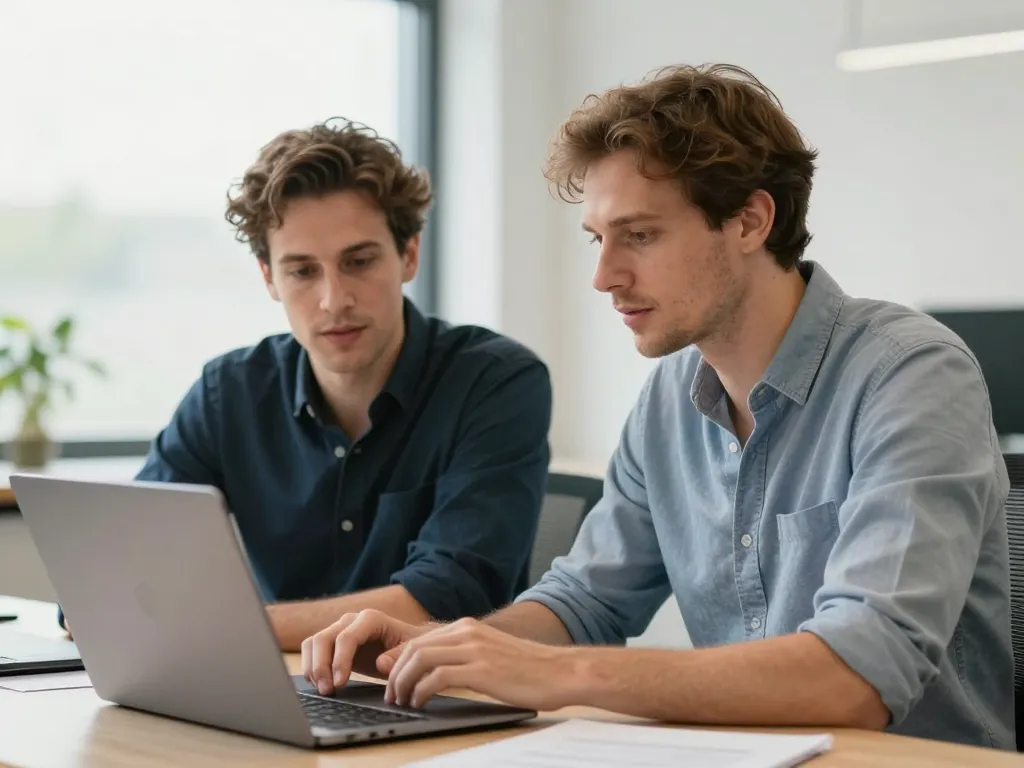 Kevin et Julie, experts en SEO local à Amiens, travaillant ensemble sur une stratégie de contenu dans un bureau lumineux.