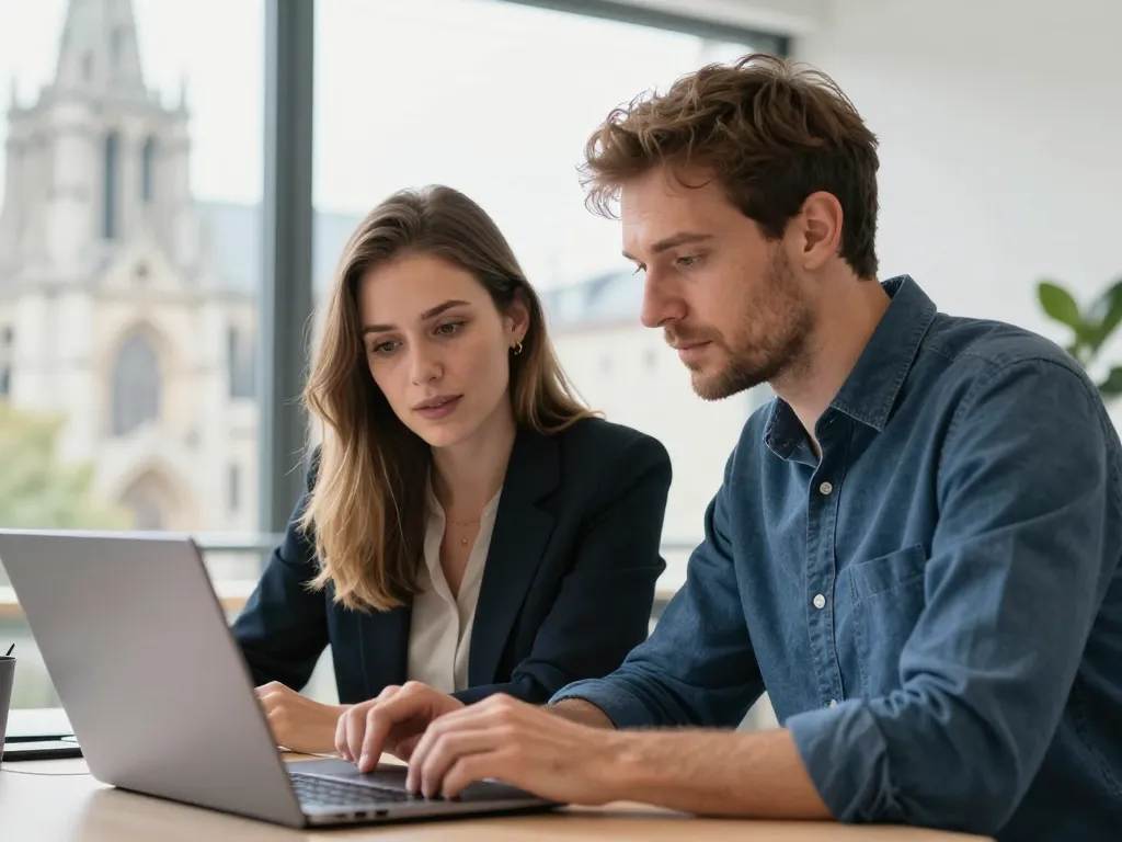 Sarah et Kevin, experts en référencement local à Amiens, travaillant ensemble sur une stratégie de netlinking dans un bureau moderne.