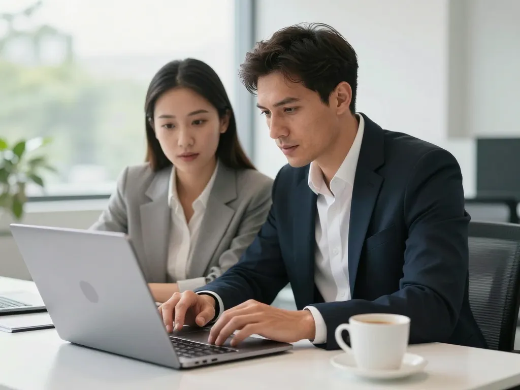 Deux experts en marketing collaborant sur une stratégie de contenu et rédaction web SEO dans un bureau moderne.