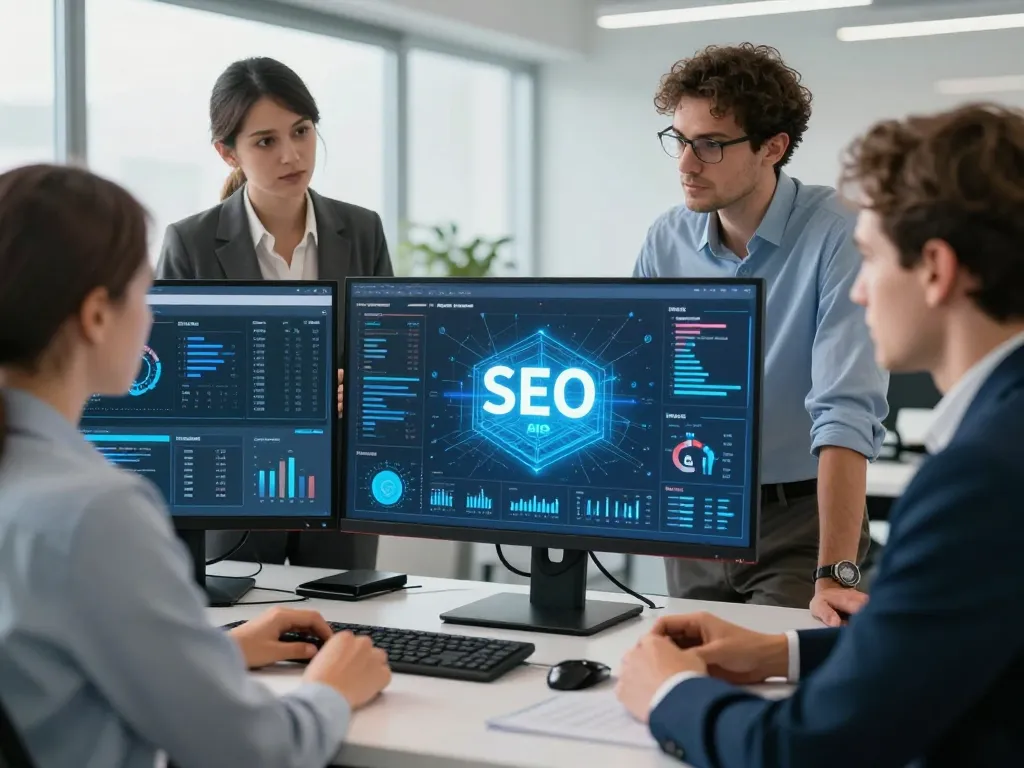 Équipe de professionnels du marketing digital analysant des graphiques de performance SEO et des données d'intelligence artificielle dans un bureau moderne.