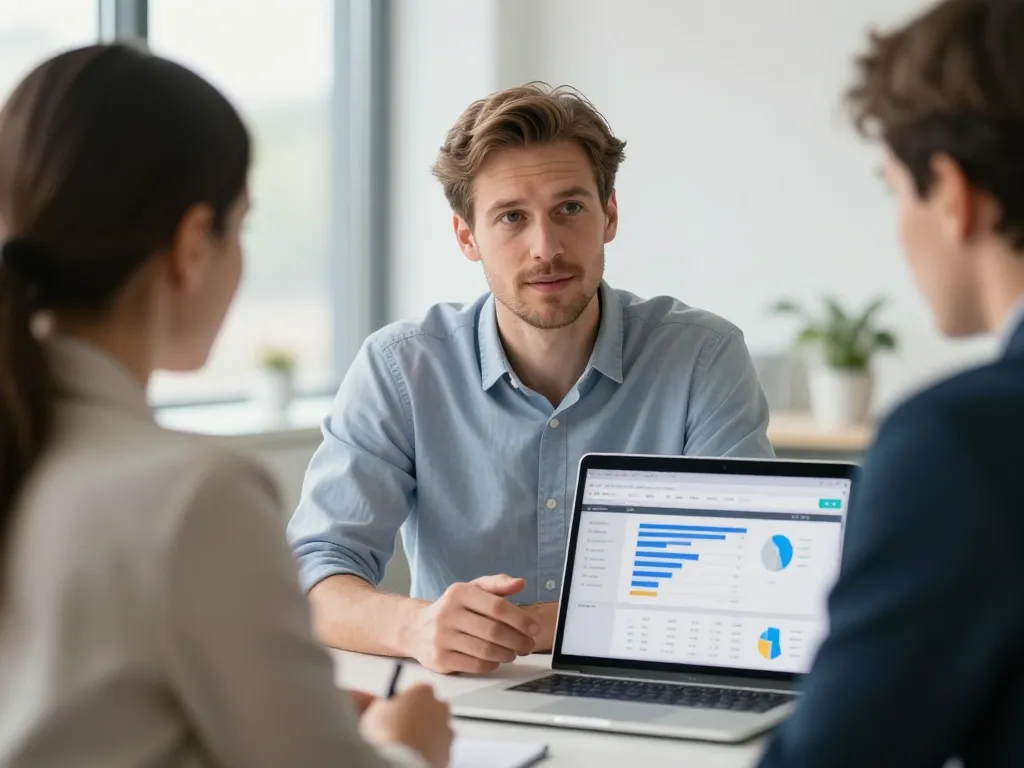 Thomas, directeur de stratégie SEO locale, en séance de conseil personnalisé avec une dirigeante d'entreprise à Amiens.